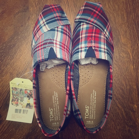 NWT Sz 8.5 TOM’s Classic - Red Navy Plaid - Picture 1 of 3